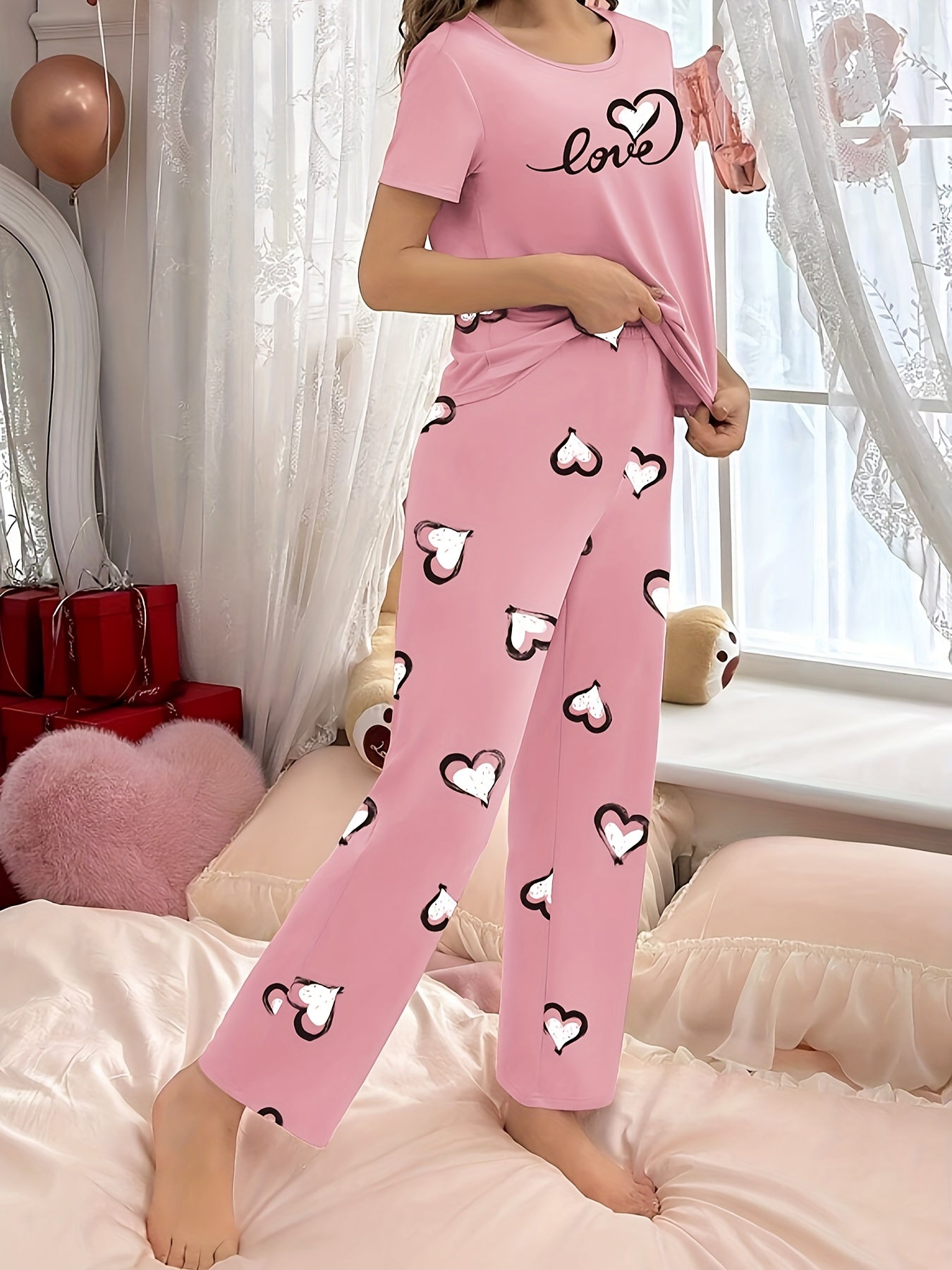 Heart & Letter Printed Womens Pajama Set - Soft, Short Sleeve Nightwear with Round Neck & Elastic Waist Pants - Comfy, Casual Sleep Style for Sweet Dreams - LuxyXO