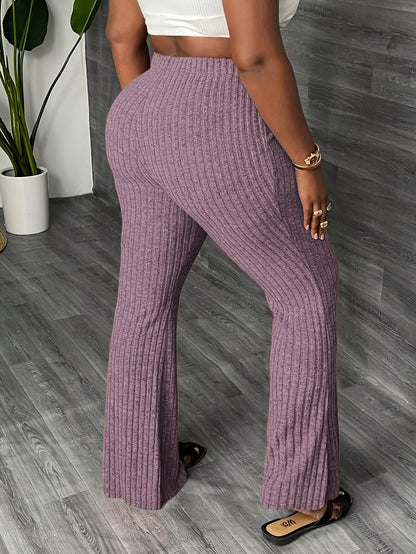 Elegant Style, Women's Plus Size Solid Color Flare Pants - High Waist, Ribbed Texture, Stretchy Polyester/Spandex Blend