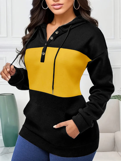 Plus Size Color Block Drawstring Hoodie, Casual Long Sleeve Kangaroo Pocket Button Front Hooded Sweatshirt