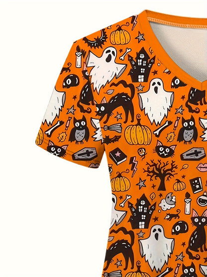 Halloween Printed V-neck Frosted Top, Comfortable Practical Medical Uniform Top, Perfect For Working In Hospitals And Dental Offices, Women's Overalls