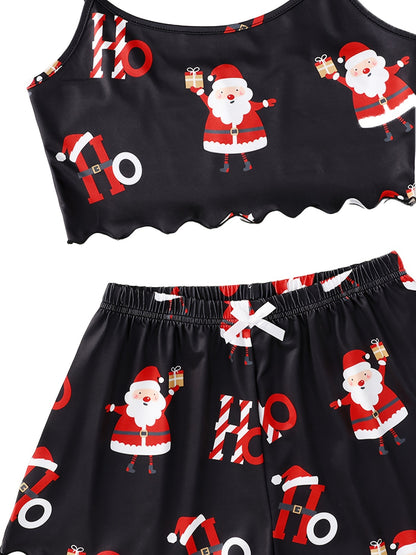 Women's Cute Christmas Cartoon Print Lettuce Trim Top And Shorts Cute Pajama Set Sleepwear