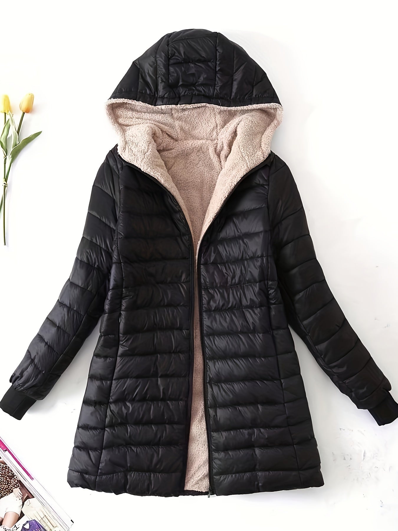 Zip-up Puffy Hoodie Coat, Casual Thermal Long Sleeve Coat For Fall & Winter, Women's Clothing