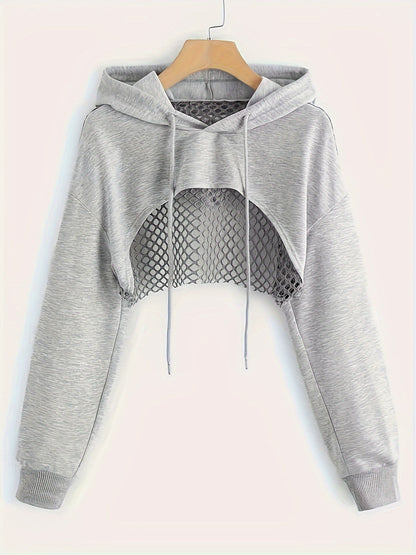 Hoodie Sweatshirt - Mesh Panels - Cropped Sports Jacket for Casual Chic Style - LuxyXO