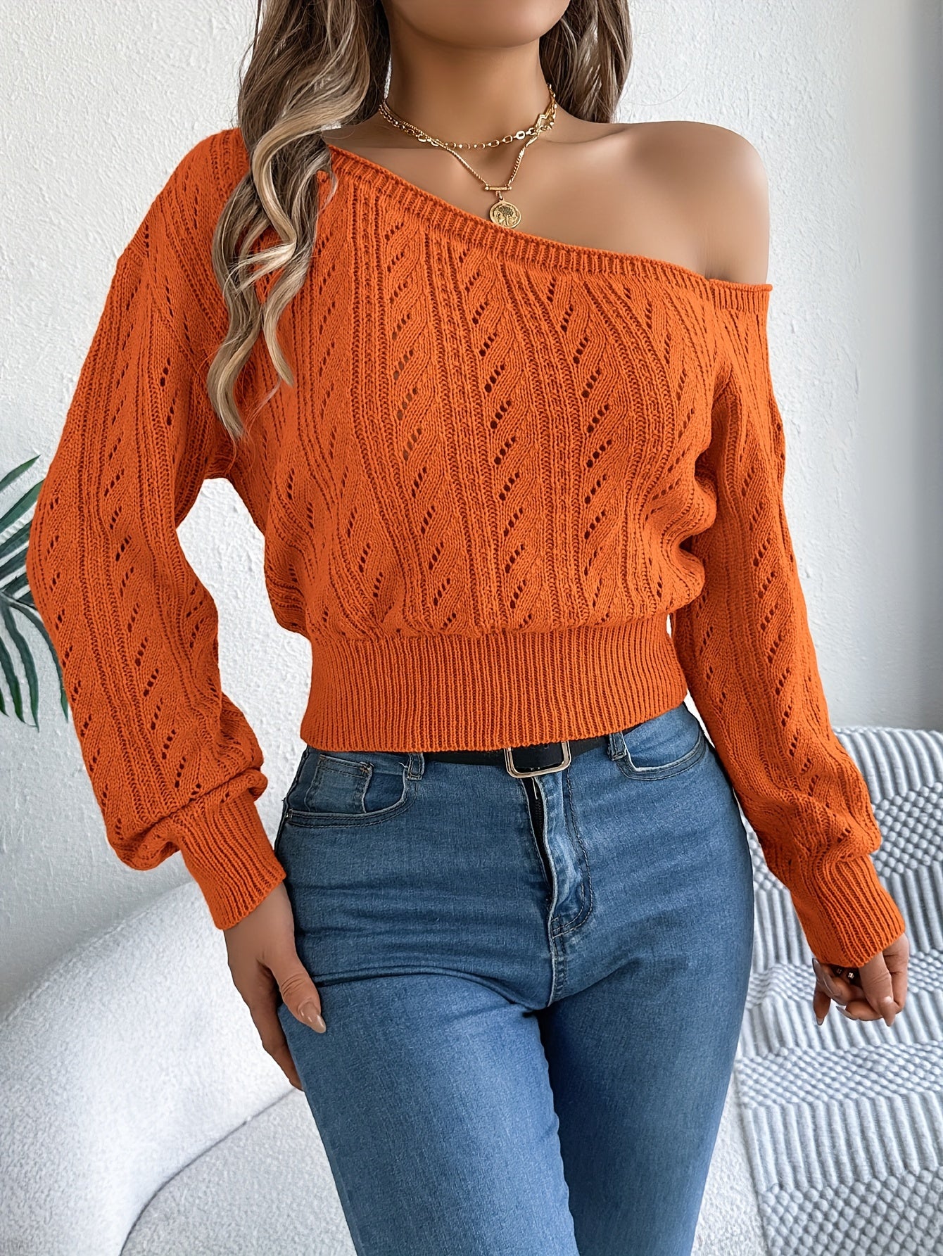 Cozy Chic Off-Shoulder Knit Sweater for Women - Soft, Long Sleeve Pullover with Hollow-Out Design, Perfect for Fall and Winter Seasons, Casual Daily Wear, Outdoor Activities, and Gift Ideas