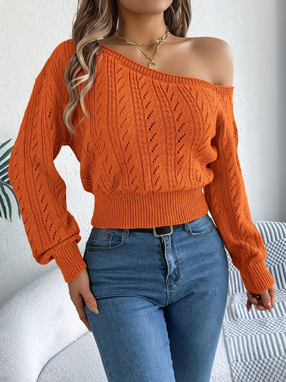 Cozy Chic Off-Shoulder Knit Sweater for Women - Soft, Long Sleeve Pullover with Hollow-Out Design, Perfect for Fall and Winter Seasons, Casual Daily Wear, Outdoor Activities, and Gift Ideas