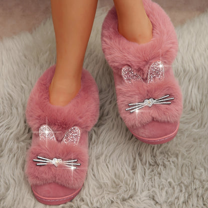 Cute Rhinestone Plush Cat Slippers, Cozy & Warm Fluffy Soft Sole Slip On Shoes, Winter Fuzzy Home Slippers