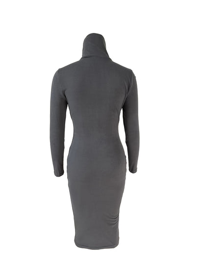 Midi Bodycon Solid Turtleneck Long Sleeve Dress - Elegant, Versatile, and Comfortable for Spring and Fall - Machine Washable, Mid-Elasticity, Polyester Fabric