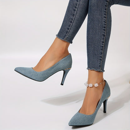 Tacones de aguja elegantes de mezclilla azul - Zapatos de punta puntiaguda sin cordones - Moda elegante atemporal para mujeres - Zapatos de vestir ideales para eventos formales