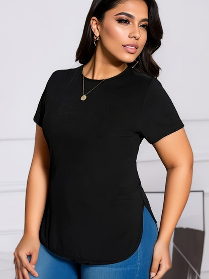 Camiseta de mujer de talla grande con dobladillo curvo: diseño favorecedor con abertura lateral, estilo clásico de cuello redondo, manga corta cómoda, perfecta para ocasiones informales