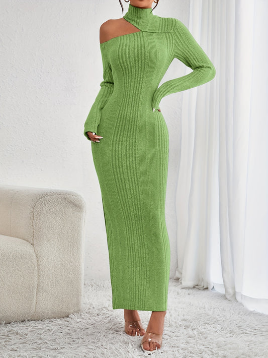 Elegant Solid Color Bodycon Maxi Dress – Women's Asymmetric Neck, Long Sleeve with Split Hem, Micro-Elastic Knit for Spring/Fall