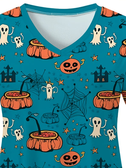 Spooky Ghost Print V-Neck Tee - Women's Comfortable Stretchy T-Shirts for Nurse, Healthcare Professionals - Soft, Breathable, Functional Uniform for Work, Halloween Costume Inspiration