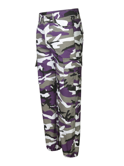 Women's Plus Size Camo Cargo Pants - Stretch Denim with Flap Pockets, Casual Streetwear Style, Machine Washable