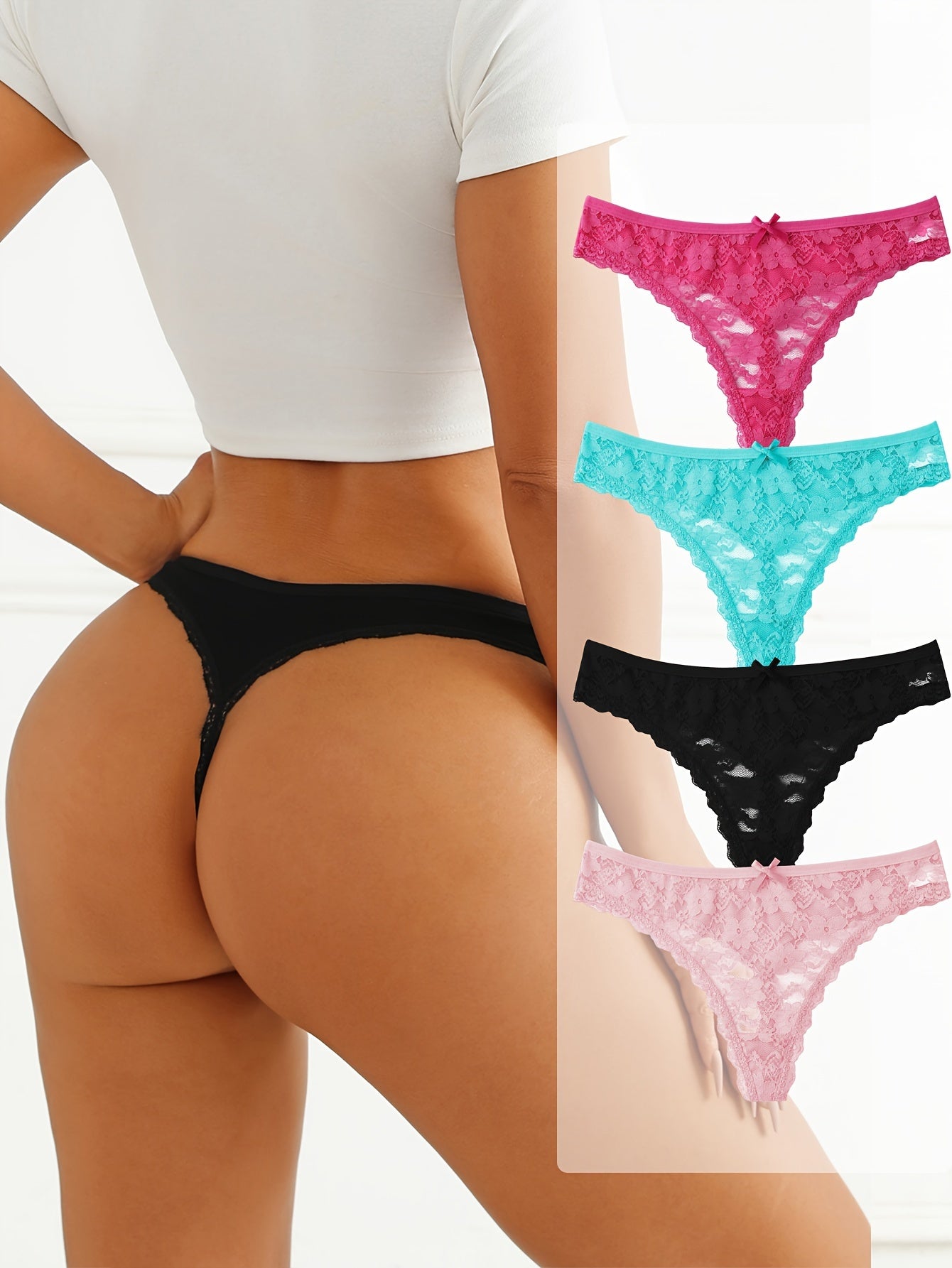 Sexy Lace Thongs for Women -  Low-Rise with Bow 4pack - LuxyXO