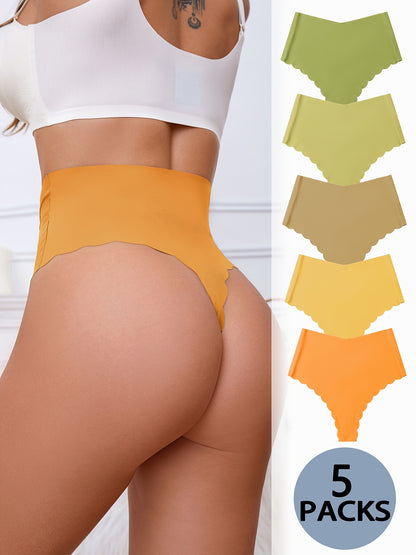 High-Waisted Seamless Scallop Trim Thongs - 5-Pack - LuxyXO