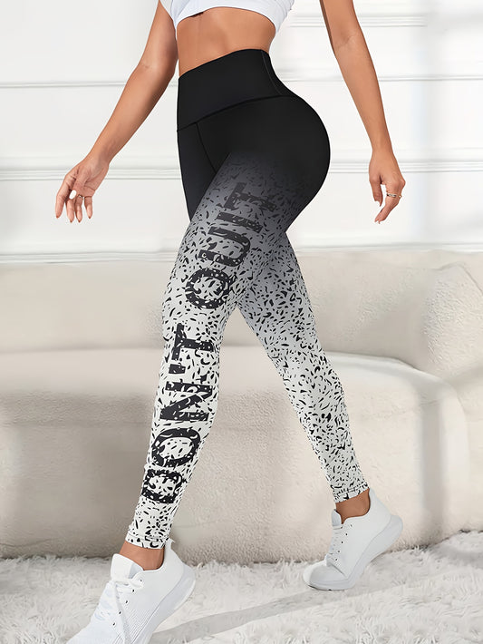 Leggings de cintura alta con bloques de color y estampado de letras vibrantes: suaves, elásticos y cómodos para uso diario: ropa de moda informal para mujeres para todo tipo de cuerpo