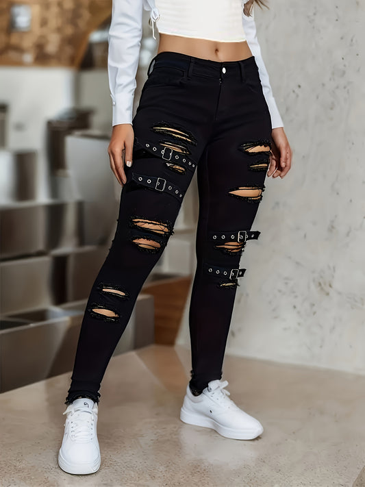 Buckle Ripped Plain Jeans, Distressed Gothic Punk Style Skinny Denim Pants, Women's Denim Jeans & Clothing