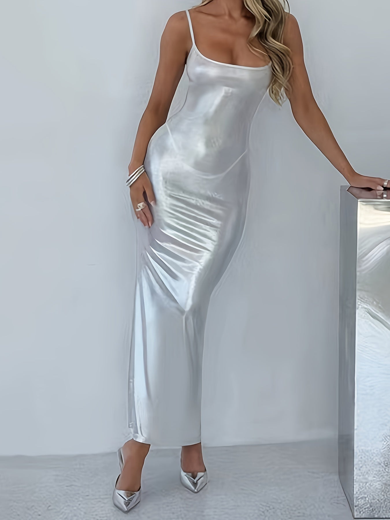 Vestido camisero ajustado brillante con espalda descubierta, vestido camisero sexy sin mangas hasta los tobillos para fiestas y clubes, ropa de mujer