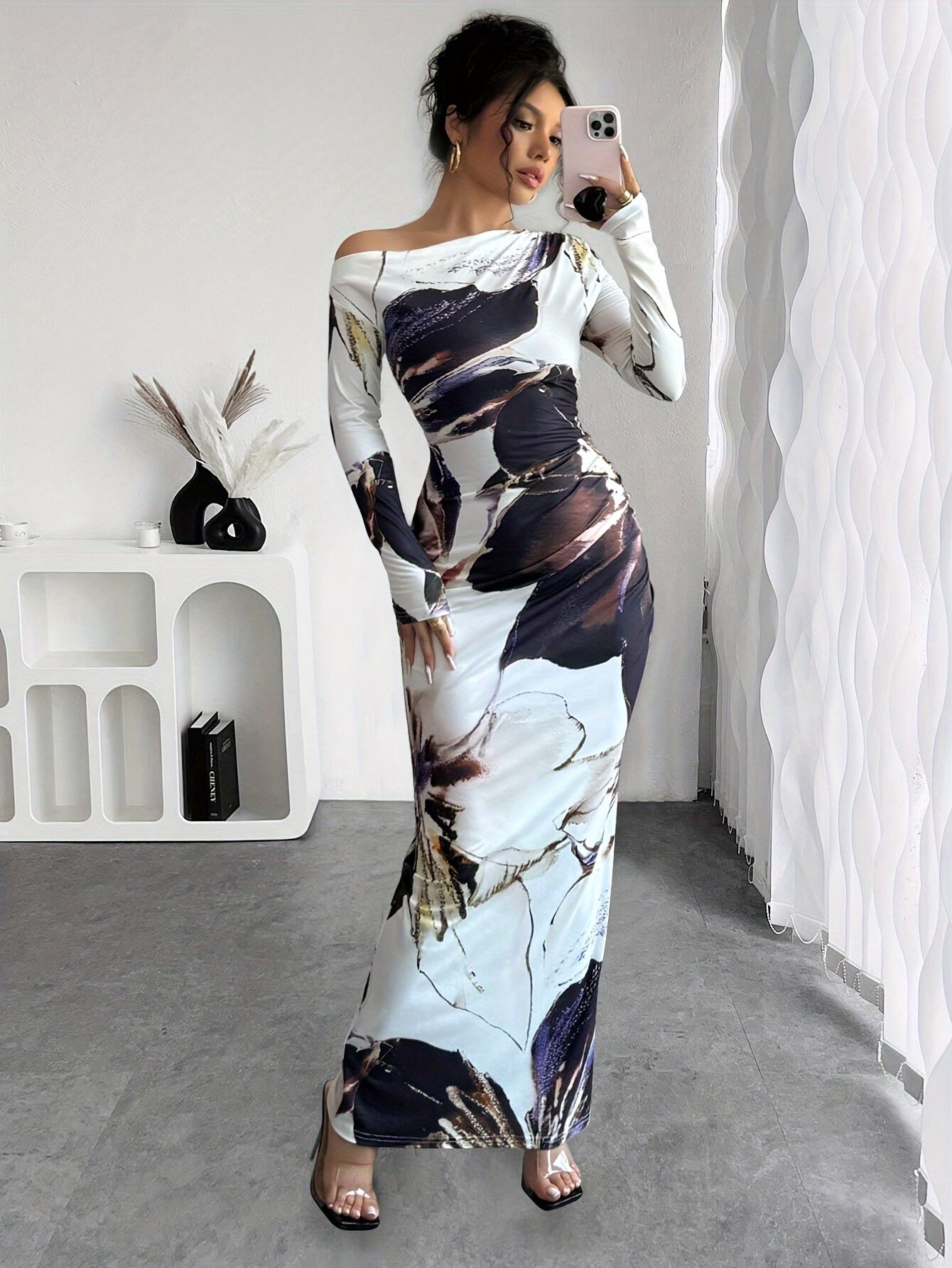 1pc Elegant Floral Print Asymmetrical Off-the-Shoulder Long Sleeve Bodycon Dress for Women - Polyester Knit Fabric, Long Length, Straight Hem, Skinny Fit, No Belt, Spring/Fall Collection