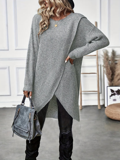 Stylish Plus Size Wrap Sweater Dress - Soft, Cozy, Crew Neck, Long Sleeve, High Low Hem, Casual, Versatile