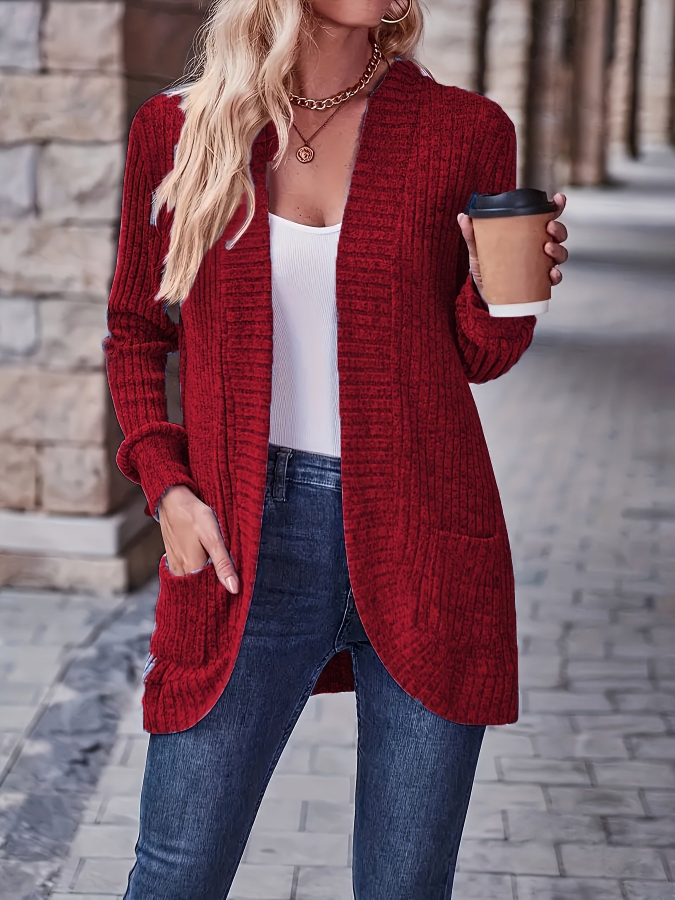 Long Sleeve Elegant Solid Color Open Front Cardigan with Pocket