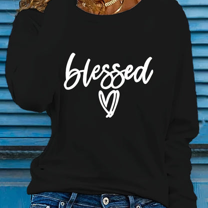 Women'S "Blessed" Heart Applique Long Sleeve Sweatshirt, Regular Fit