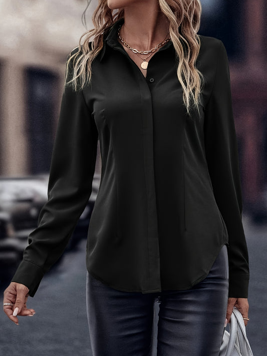 1pc Women'S Elegant Curved Hem Invisible Button-Down Shirt, Casual Lapel Collar