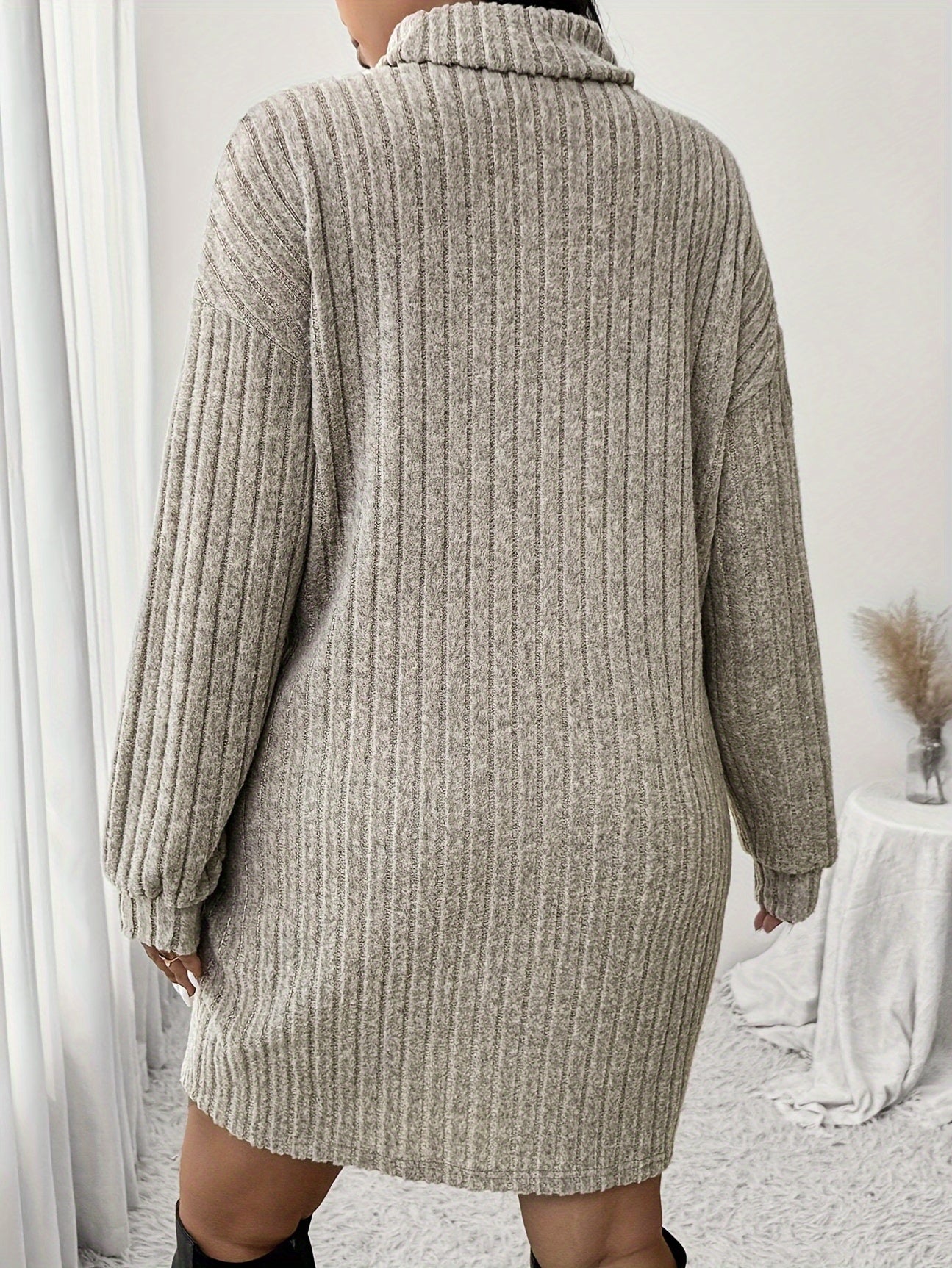 Women'S Plus Size High Neck Rib-Knit Knit Dress, Casual Long Sleeve Knee-Length Pullover