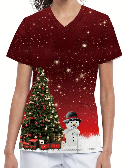 Vibrant Tree & Snowman Print Scrub Top - Soft, Breathable, and Comfortable Health Care Uniform for Women - Perfect for Working with Children in Hospitals, Dental Offices, and Medical Facilities