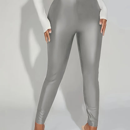 Plus Size Chic Faux Leather Leggings - Sleek, Stretchy & Comfortable, Solid Color Skinny Pants Casual Wear Leggings