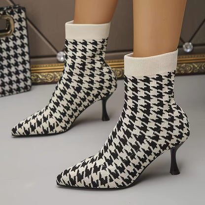 Chic Women's Stiletto Heel Booties - Comfortable, Slip-On with Pointed Toe & Durable Rubber Sole, Houndstooth Pattern