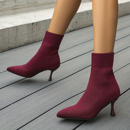 Stiletto Ankle Boots, Fashion Solid Color Knitted Slip On High Heeled Boots