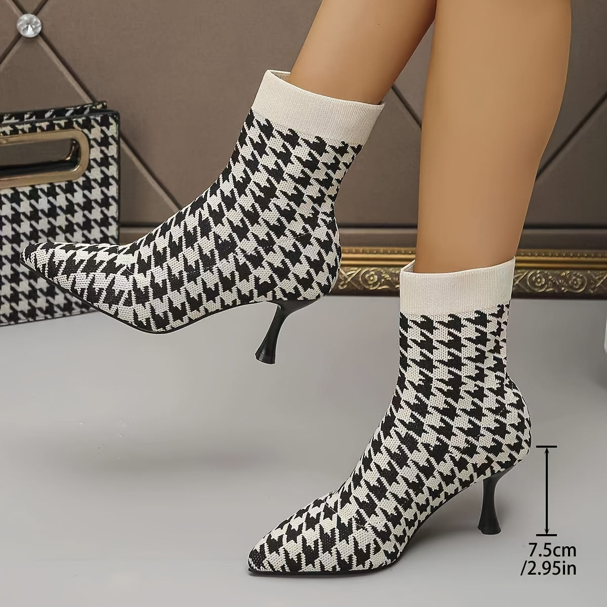 Chic Women's Stiletto Heel Booties - Comfortable, Slip-On with Pointed Toe & Durable Rubber Sole, Houndstooth Pattern