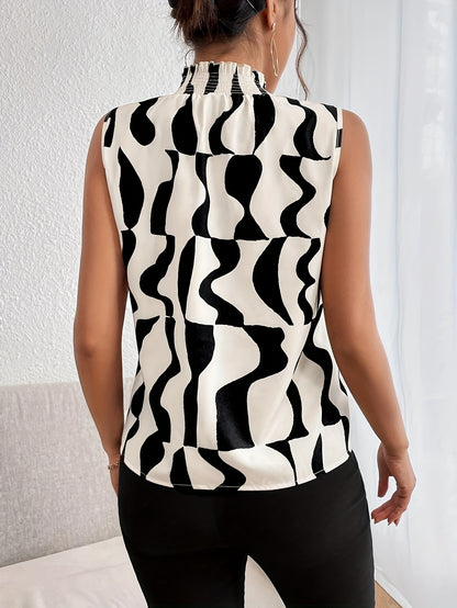 Abstract Print Turtleneck Blouse, Elegant Sleeveless Loose Blouse For Spring & Summer, Women's Clothing