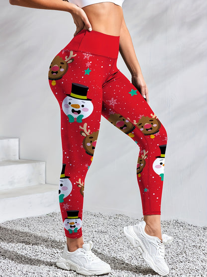 Women'S High-Waisted Yoga Leggings, Christmas Cartoon Snowman & Reindeer Print, Quick-Dry Breathable Fabric, Stretchy Polyester, Color Block Detail, Regular Fit, All-Season Fitness Wear