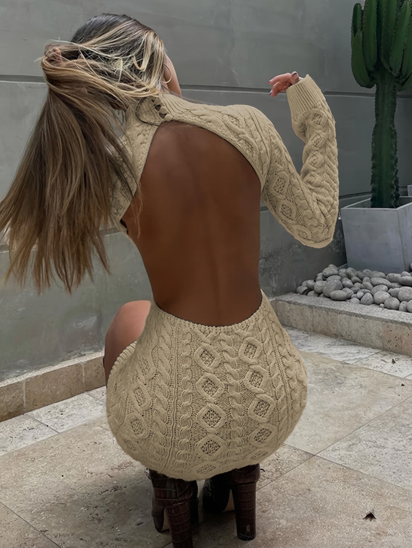 Backless Dress, Solid Color, Warm, Trendy Color, Long Sleeve Sweater, Women'S Sexy Sweater Dress.