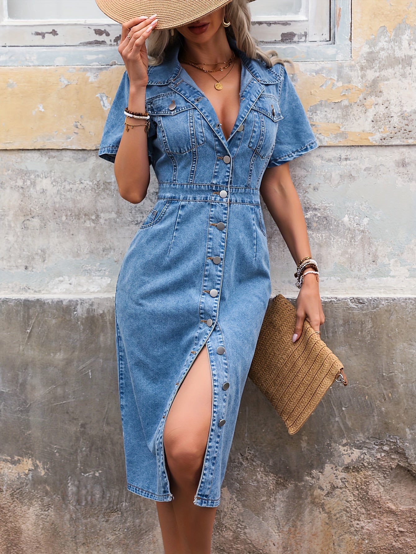 Midi Length Fitted Denim Dress - Classic Button Front, Solid Color, Non-Stretch, Woven Fabric, Elegant Silhouette, Casual Style, Suitable for All Seasons