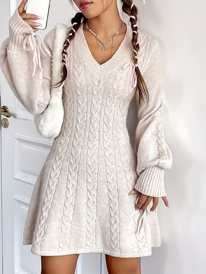 Vestido elegante de punto trenzado con lazo en la cintura, escote en V, manga larga, color liso, perfecto para otoño e invierno - Moda femenina