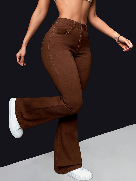 Chic Coffee Brown High-Waist Flare Jeans