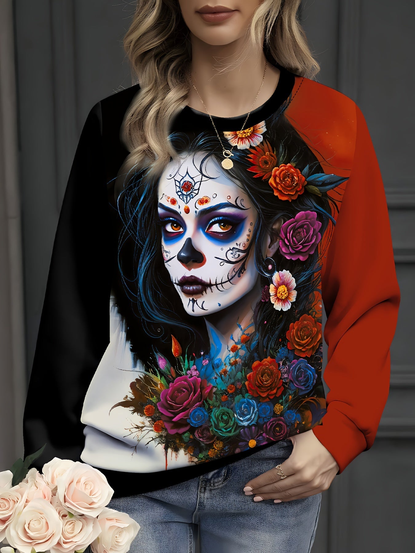 Sudadera con estampado floral y calavera punk vibrante del Día de los Muertos: jersey de manga larga con cuello redondo informal y suave para otoño/invierno con ajuste relajado y tela acogedora