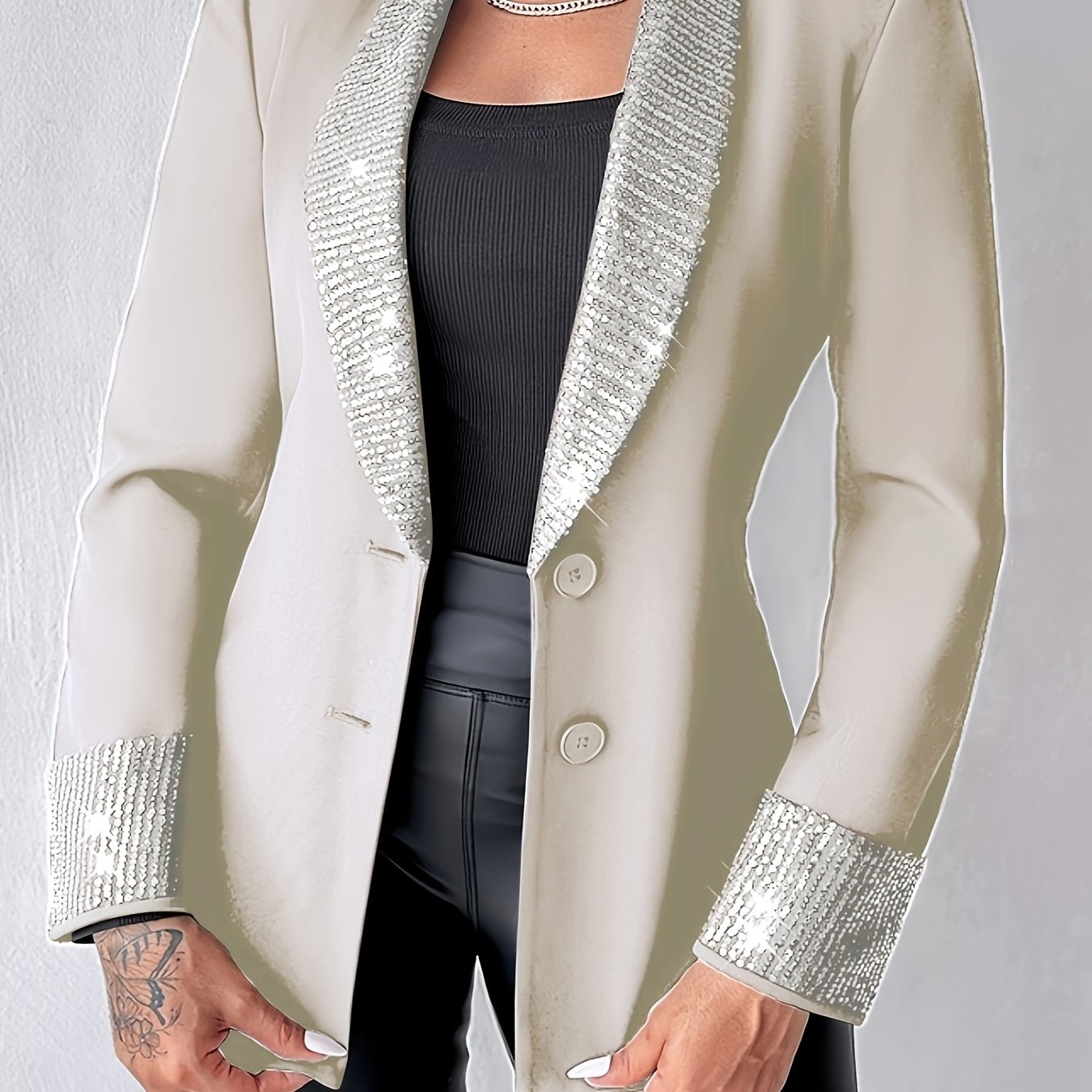 Elegante chaqueta tipo blazer con cuello chal y lentejuelas, manga larga, corte regular, prenda exterior tejida para todas las estaciones con detalle en contraste