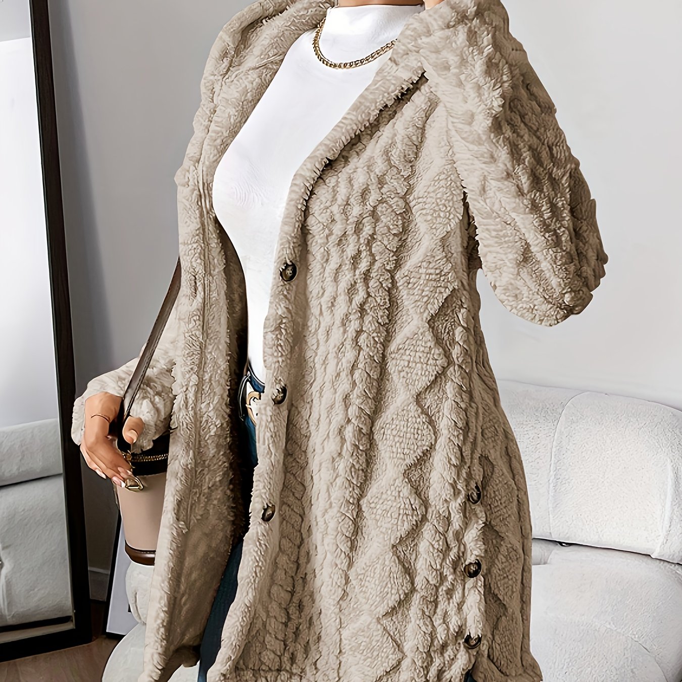 Button Front Hoodie Teddy Coat, Casual Long Sleeve Textured Fluffy Coat For Fall & Winter, Women's Clothing