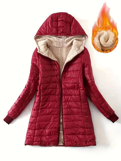 Zip-up Puffy Hoodie Coat, Casual Thermal Long Sleeve Coat For Fall & Winter, Women's Clothing