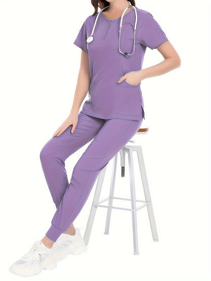 Two-Piece Comfortable Nurse Uniform Set - Soft, Slight Stretch, Crew Neck, Two Front Pockets, Drawstring Waist, Machine Washable, Easy Care