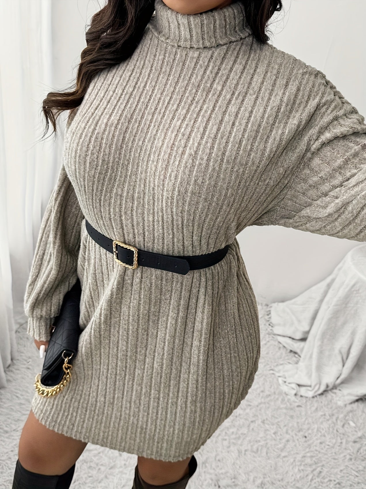 Women'S Plus Size High Neck Rib-Knit Knit Dress, Casual Long Sleeve Knee-Length Pullover