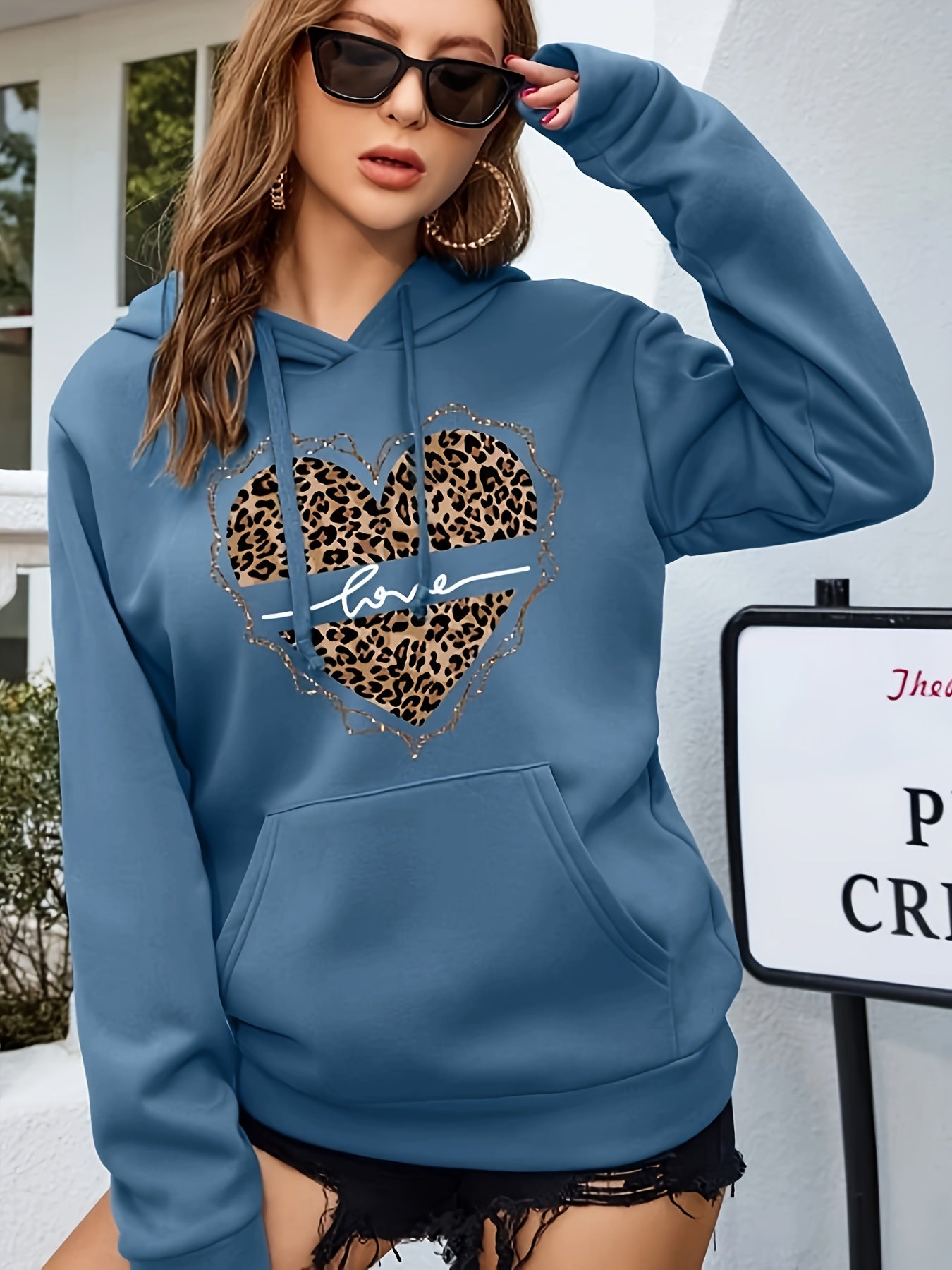 Leopard Print Drawstring Hoodie, Casual Long Sleeve Drop Shoulder Hoodie, Women's Clothing, Valentine's Day