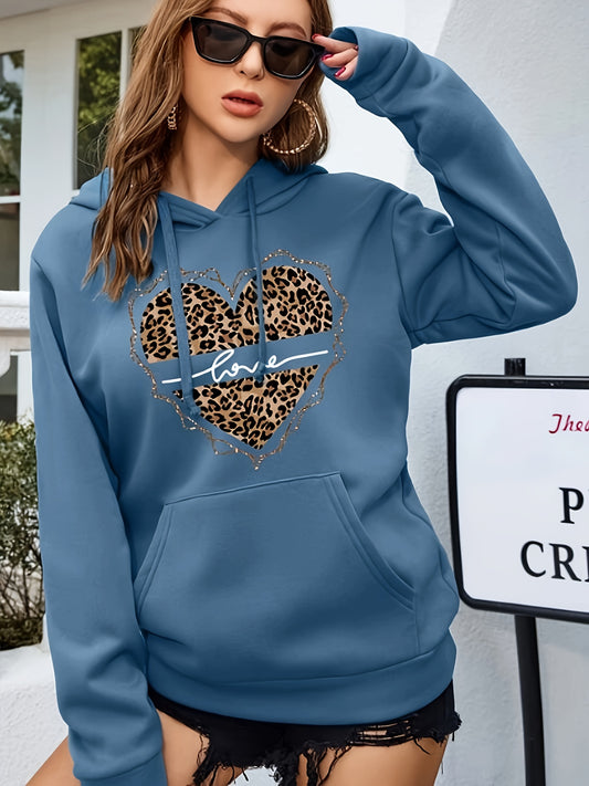 Sudadera con capucha y cordón con estampado de leopardo, sudadera informal de manga larga con hombros caídos, ropa de mujer, día de San Valentín