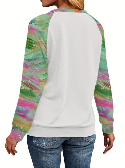 Christmas Colorful Tree Print Sweatshirt, Cute Color Block Crew Neck Sweatshirt, Women's Clothing