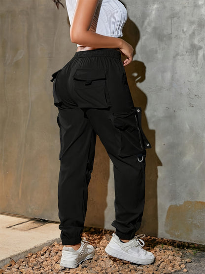 High-Waist Wide-Leg Cargo Pants - Casual Fashion, Soft Polyester, Drawstring Elastic Waist, Multi-Pocket Design