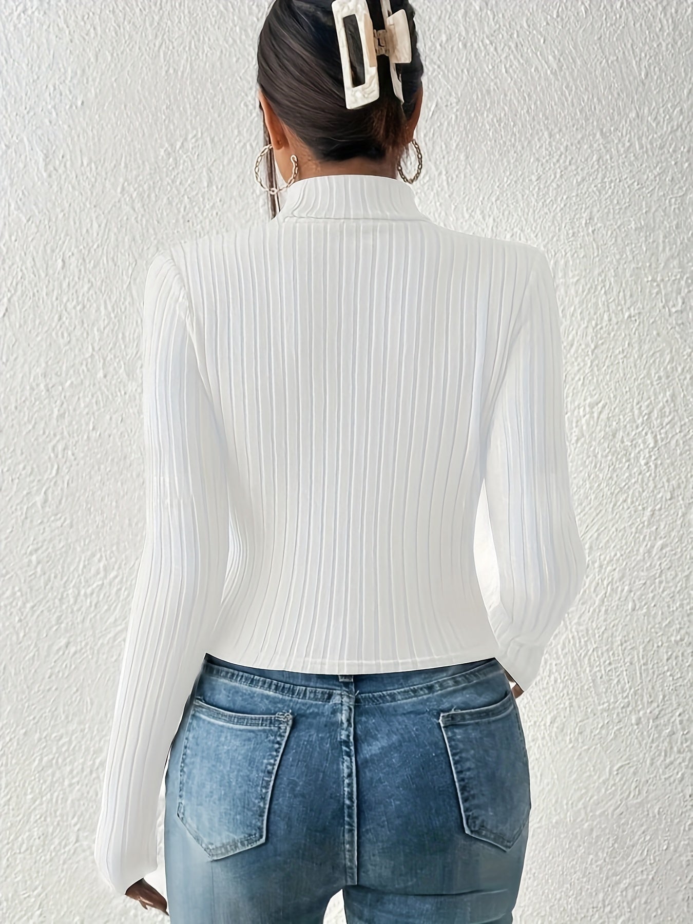 Cut Out Knitted Long Sleeve Shirt, Casual Rib Knit Turtle Neck Top