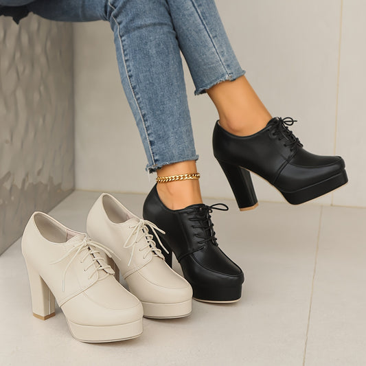 Botines elegantes de tacón de bloque para mujer: tono sólido intenso, plataforma elevada, diseño elegante con cordones: zapatos de vestir versátiles para todas las ocasiones